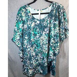 NY Collection Layered Blouse Plus Size 2X Pink Green Sheer Floral Flutter Sleeve